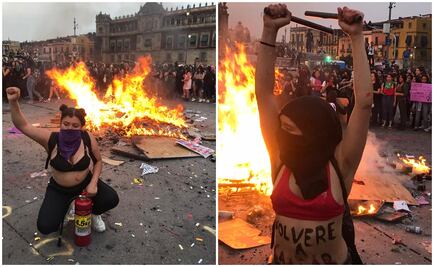 Mujeres bailan alrededor de fogata en el Zócalo tras marcha del 8M