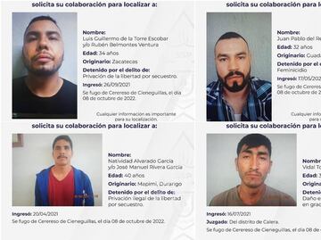 Emiten fichas de búsqueda de los 7 reos que se fugaron del penal de Cieneguillas en Zacatecas