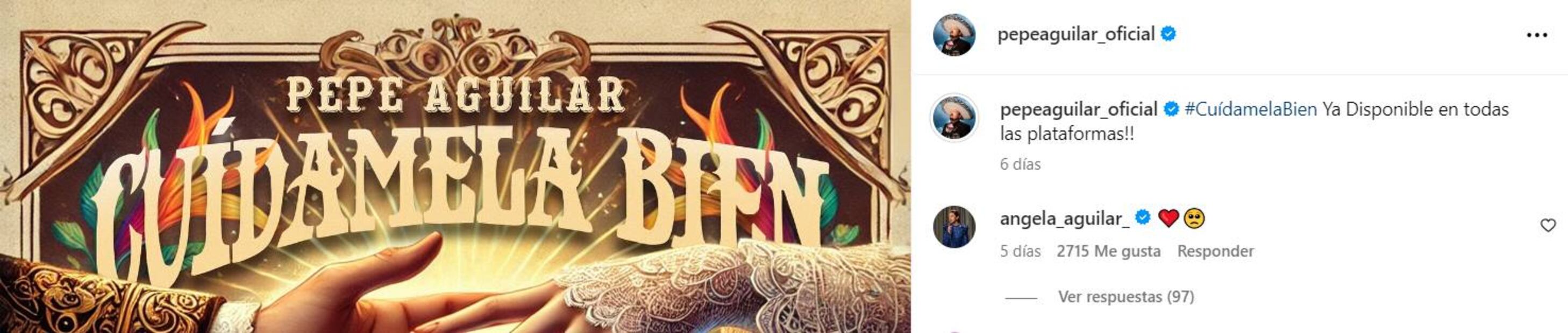 Ángela Aguilar responde con un par de emoticones a la canción que Pepe Aguilar escribió inspirado en el matrimonio de su hija y Christian Nodal.