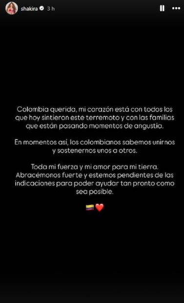 Con este mensaje Shakira reaccionó al terremoto ocurrido en su país. Foto: Instagram.