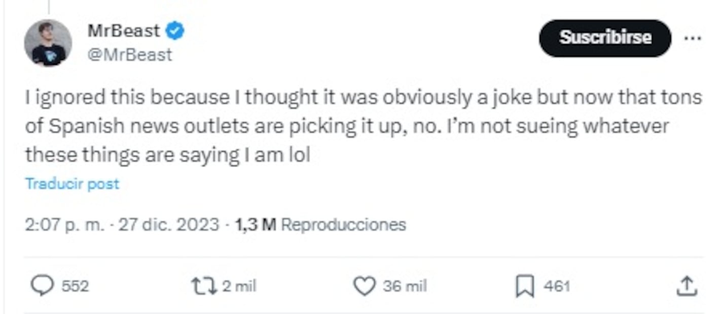 Mr. Beast respuesta a EnchufeTV. / Foto: Captura de "X".