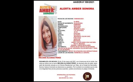 Emiten Alerta Amber para Melissa Alcaraz Pérez de 16 años desaparecida en Sonora