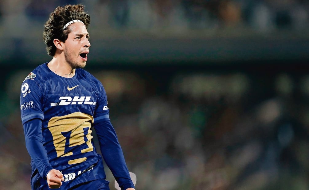 Jordan Carrillo de Pumas celebra un gol este domingo, durante un partido por las semifinales de la Liga MX entre Pumas y Pachuca en el estadio Olímpico Universitario en Ciudad de México (México). Isaac Esquivel/EFE