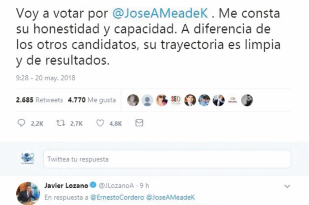 Apoyo en redes sociales. A través de Twitter, Ernesto Cordero expresó su apoyo al abanderado del PRI. (TOMADA DE TWITTER)