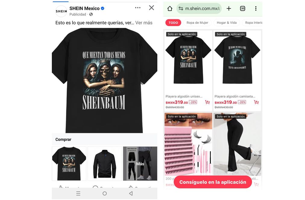Varias plataformas digitales de venta como Shein, Amazon y Mercado Libre ofertan playeras con la imagen de la Santa Muerte ligadas al nombre de la presidenta Claudia Sheinbaum. Foto: Especial