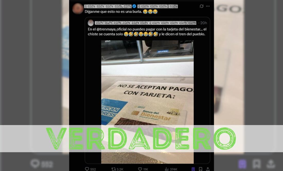 En redes sociales ha circulado una publicación en la cual se asegura que las tarjetas del Banco del Bienestar no son aceptadas como método de pago en el Tren Maya. | FOTO: ESPECIAL