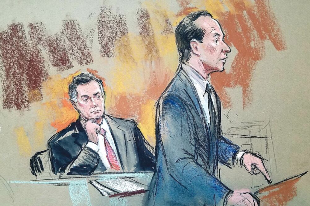 El ex jefe de campaña de Trump, Paul Manafort, en una ilustración de su audiencia de ayer ante la Corte de Distrito de Washington. (BILL HENNESSY. REUTERS)