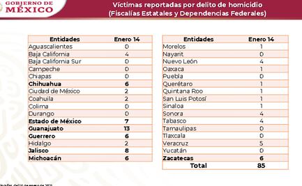 En los primeros 14 días de enero se registraron mil 033 homicidios dolosos