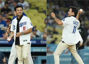 Checo Pérez lanza la primera bola en el Dodger Stadium y se lleva gran ovación