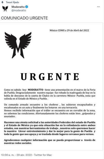Moderatto: "Niveles de delincuencia y de impunidad en México son inaceptables"