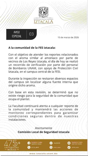 Descartan riesgo en FES Iztacala tras reporte de olor similar al amoníaco (15/03/2026). Foto: Especial