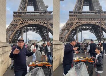 Al grito de ¡maíz, maíz! vendedor ofrece elotes frente a la Torre Eiffel