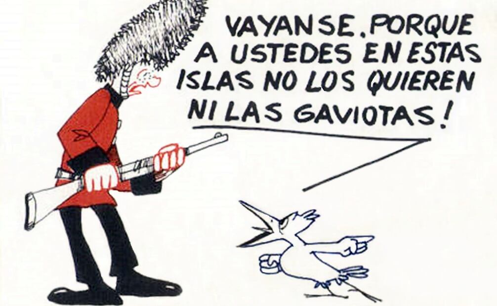 “[…] no los quieren ni las gaviotas”, grita una pequeña ave contra un guardia real de Reino Unido. La propaganda militar latinoamericana sobre el conflicto entre Argentina y el país europeo se enfocó en lo “difícil” que era para los británicos viajar hasta el sur del Atlántico. Foto: ESPECIAL.