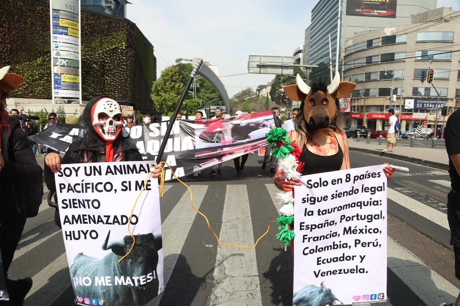 28 DE ENERO DE 2024, CIUDAD DE MÉXICO, MANIFESTACION CONTRA LA TAUROMAQUIA QUE CAMINÓ POR LA AVENIDA INSURGENTES HASTA LLEGAR A LA PLAZA DE TOROS MEXICO, LOS MANIFESTANTES INTENTARON TIRAR LA REJA DE LA ENTRADA PRINCIPAL. FOTOS: CARLOS MEJIA/EL UNIVERSAL