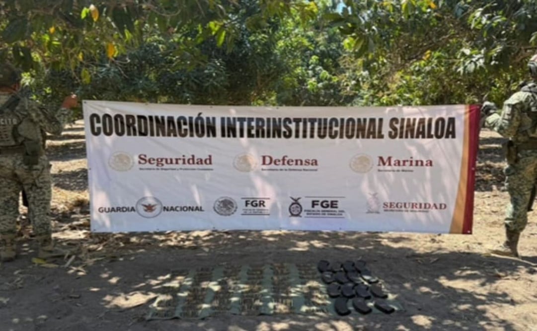 Fuerzas federales aseguran armas de fuego en Escuinapa, Sinaloa; descubren campamento improvisado usado por grupos delictivos.
Foto: Especial.