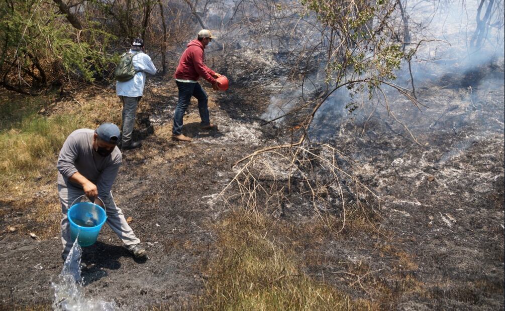 Pobladores intentan apagar un incendio forestal con cubetas de agua en Santo Domingo Tomaltepec, Oaxaca, el sábado 12 de abril de 2025. Foto: Edwin Hernández/EL UNIVERSAL