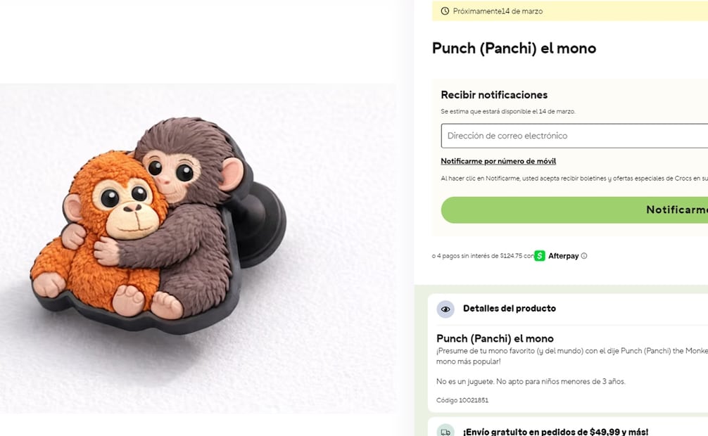 Crocs lanza pin de sandalías inspirado en mono “Punch”. Foto: Captura de pantalla
