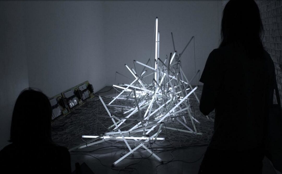 "Bois Mort" (bosque muerto) es una compleja escultura de cables y tubos que generan luz y sonido de manera completamente aleatoria inspirado en los bosques asturianos. (FOTO: Félix Luque)