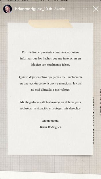 Comunicado Brian Rodriguez / FOTO: @ElJefeAguila