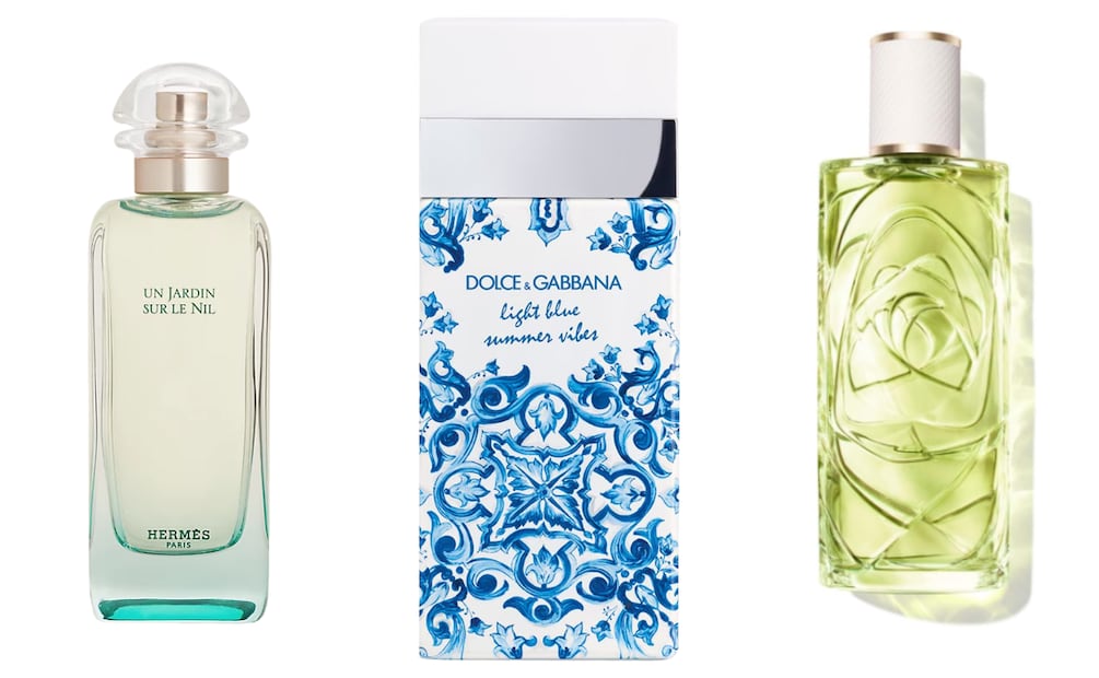 Un Jardin sur le Nil de Hermes, light blue summer vibes eau de toilette de Dolce & Gabbana, Lancôme Ôff Now Eau de Toilette. Foto: Hermes, Sephora, Amazon