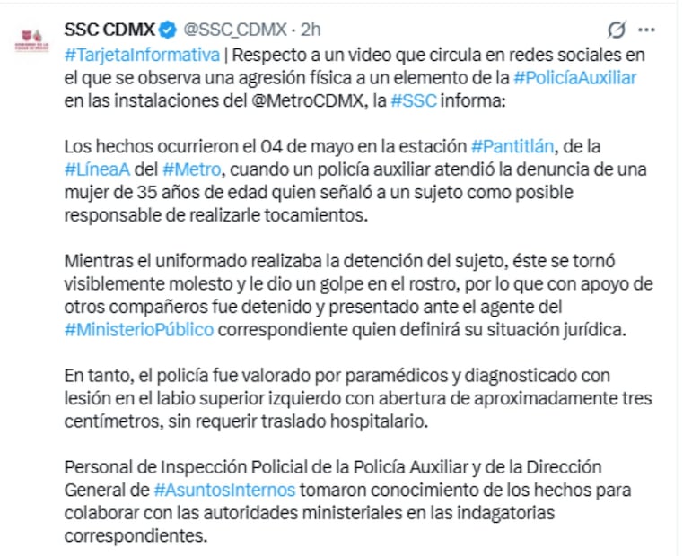 SSC se pronuncia respecto a un usaurio que agredió a un policía. Foto: Captura de pantalla.