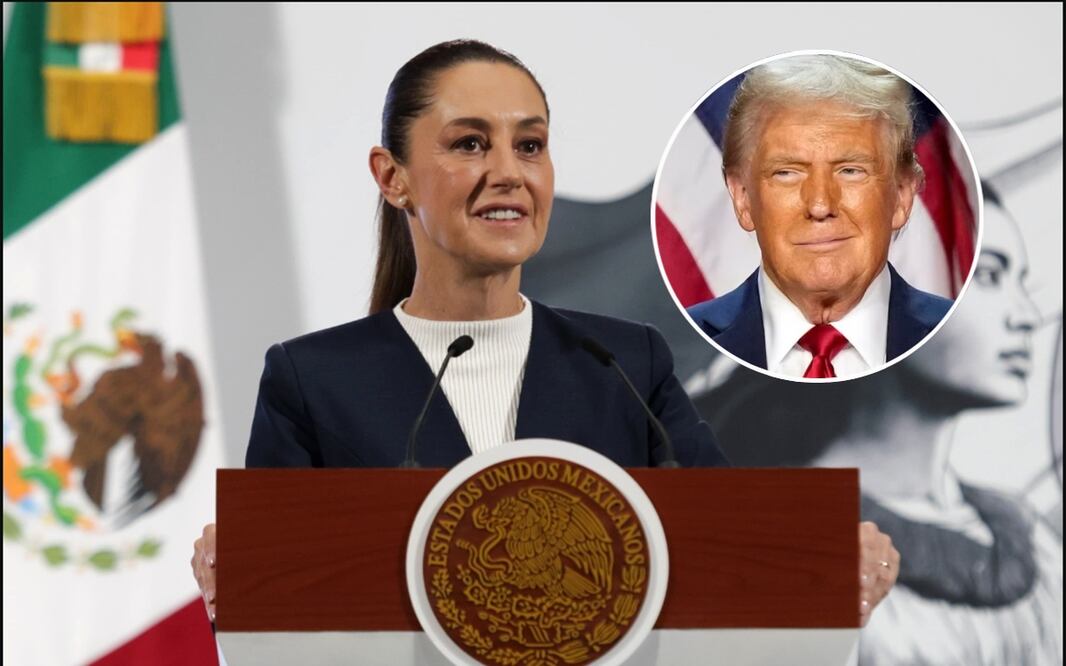 La presidenta Claudia Sheinbaum en la mañanera del 18 de junio de 2025 y el presidente de Estados Unidos, Donald Trump. Fotos: Carlos Mejía /EL UNIVERSAL y AP.