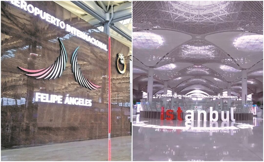 (Izq) Tras cancelarse el proyecto del NAIM, se comenzó a habilitar la Base Aérea de Santa Lucía como terminal de pasajeros y el 21 de marzo de 2022 abrió sus puertas como el Aeropuerto Internacional Felipe Ángeles. Foto: Diego Prado / (Der) El Aeropuerto de Estambul y el NAIM fueron presentados el mismo año. Por su importancia y arquitectura,
competían para ser el mejor proyecto aeroportuario de la época; sin embargo, sólo uno se materializó.Foto: Aeropuerto de Estambul