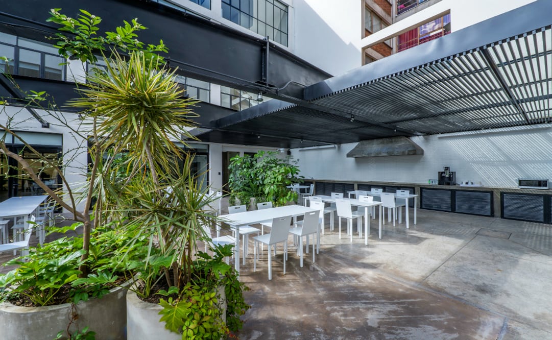 Terminal Uno cuenta con un patio con barra para café, mesas, sillas y macetones con naranjos. (Foto: Cortesía ADG MX)