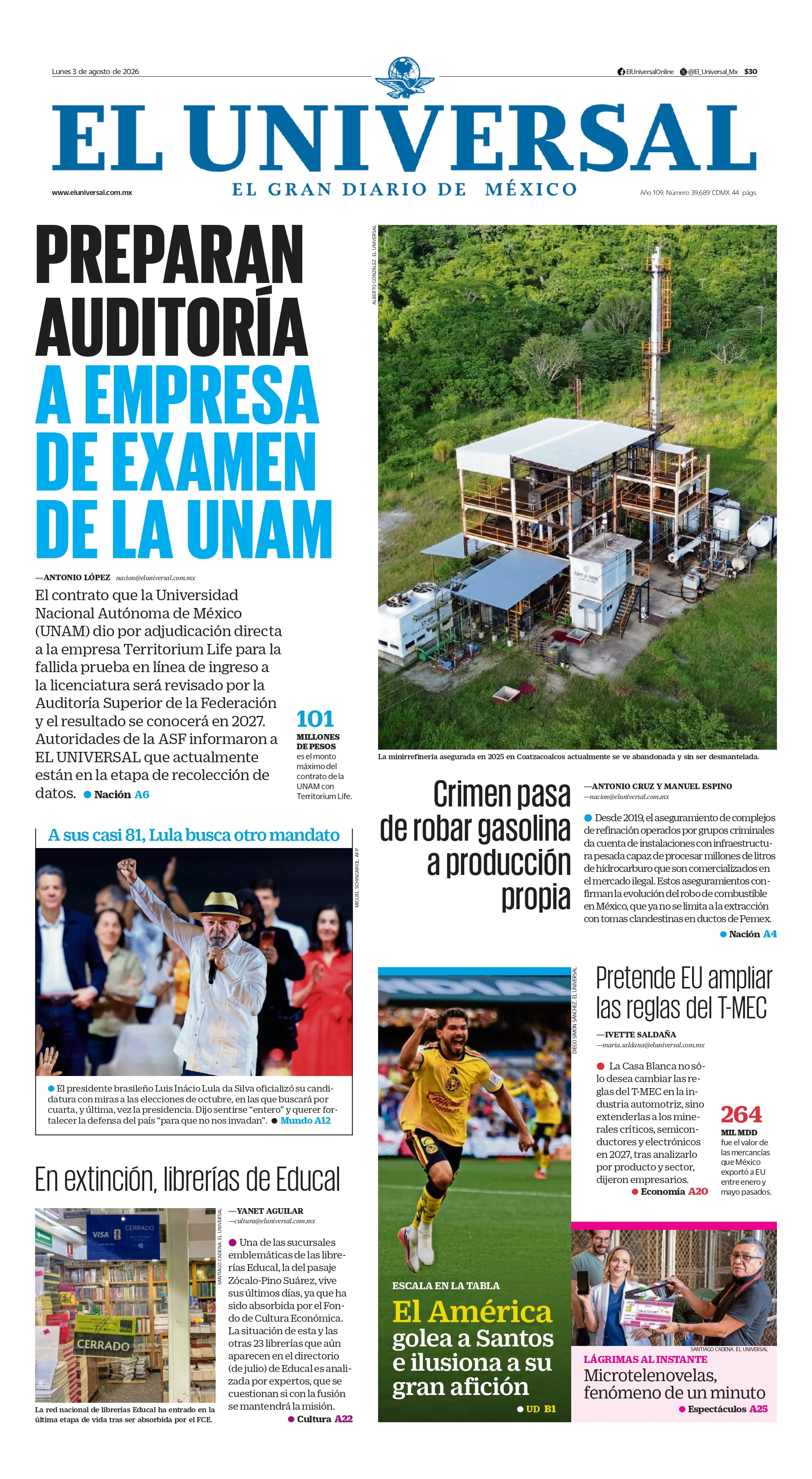 Portada impresa del 3 de agosto de 2026