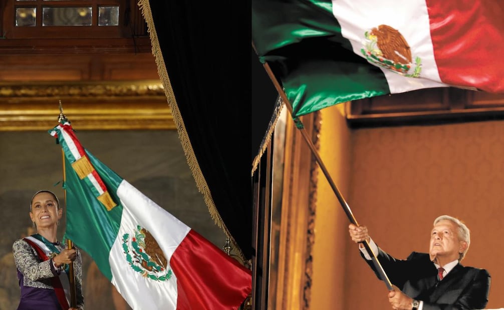 Claudia Sheinbaum Pardo y Andrés Manuel López Obrador durante su primer Grito de Independencia (15 de septiembre de 2025 y 15 de septiembre de 2019, respectivamente). Fotos: Diego Simón Sánchez e Ivan Stephens/ EL UNIVERSAL