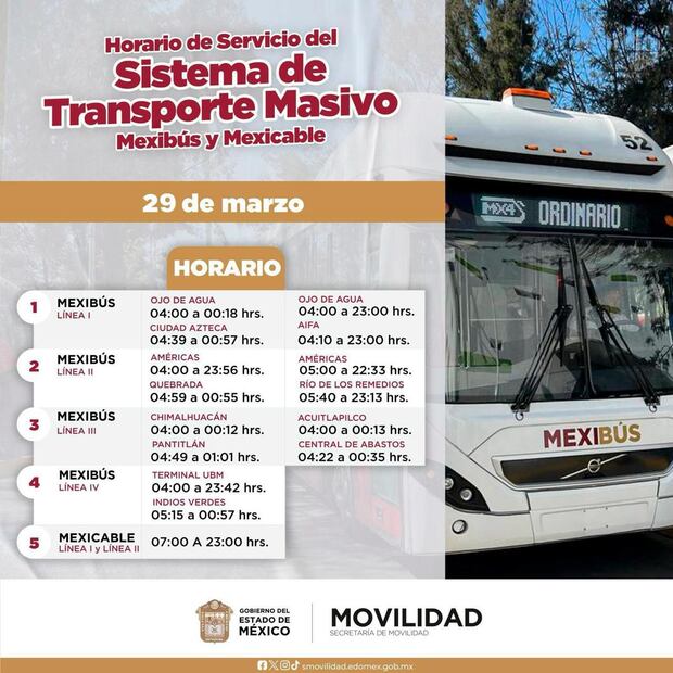 Horarios Mexibús. Foto: Edomex