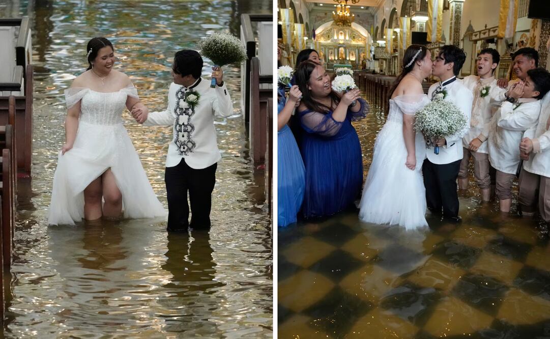 Esta pareja se casó en una iglesia inundada por el tifón Wipha en Filipinas. Foto: Aaron Favila (AP)