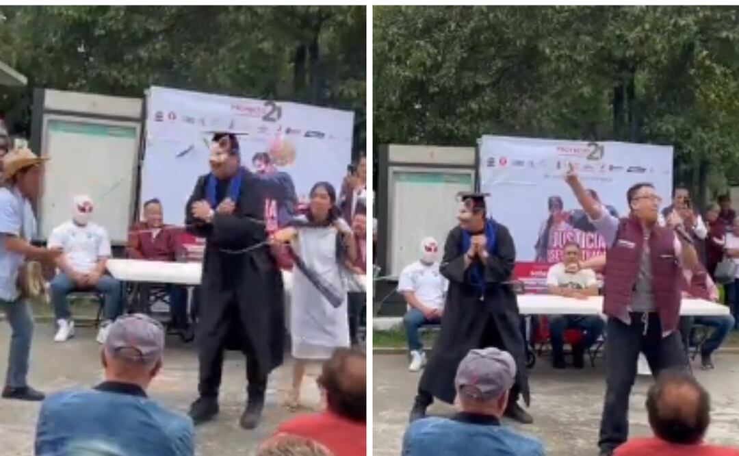 Un video viral en redes sociales muestra a simpatizantes de Morena escenificando una obra de teatro comunitaria en el Estado de México. Foto: Captura de pantalla