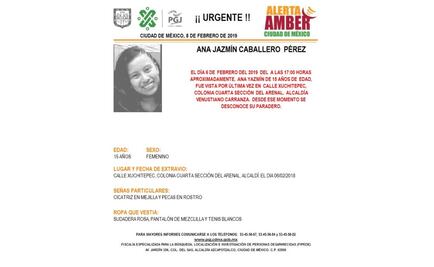 Activan Alerta Amber para encontrar a Ana Jazmín Caballero Pérez