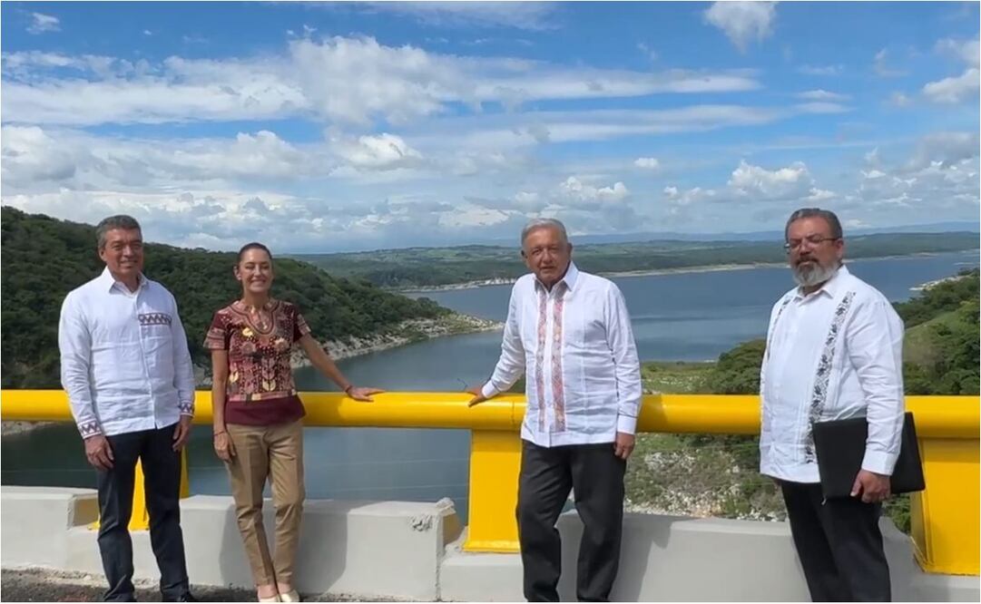 Rutilio Escandón, Claudia Sheinbaum, Andrés Manuel López Obrador y Jorge Nuño, inaguraron el puente de La Concordia en Chiapas. Foto: Captura de pantalla