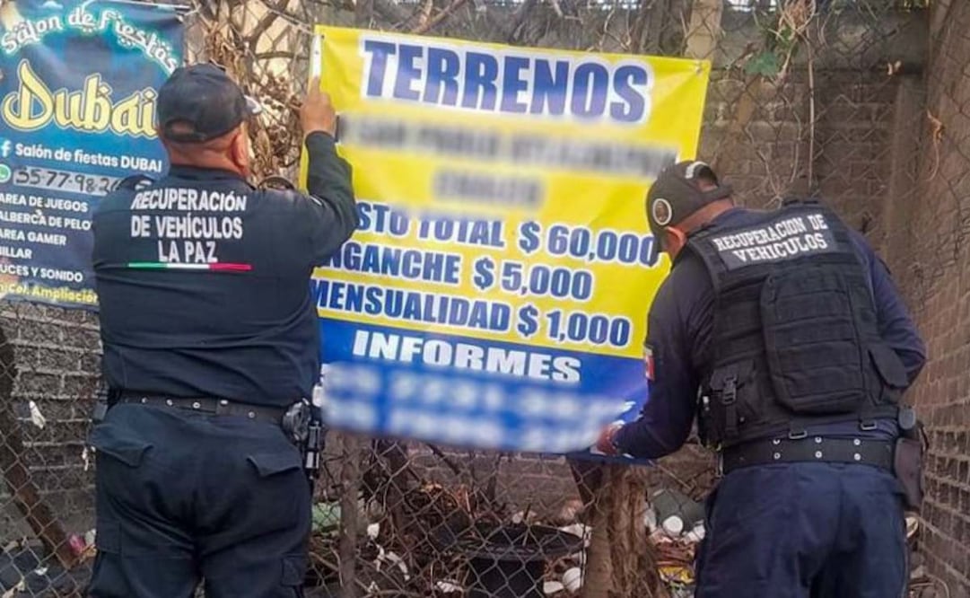 Retiran anuncios de venta ilegal de terrenos en Los Reyes La Paz; buscan frenar asentamientos irregulares.
Foto: Especial.