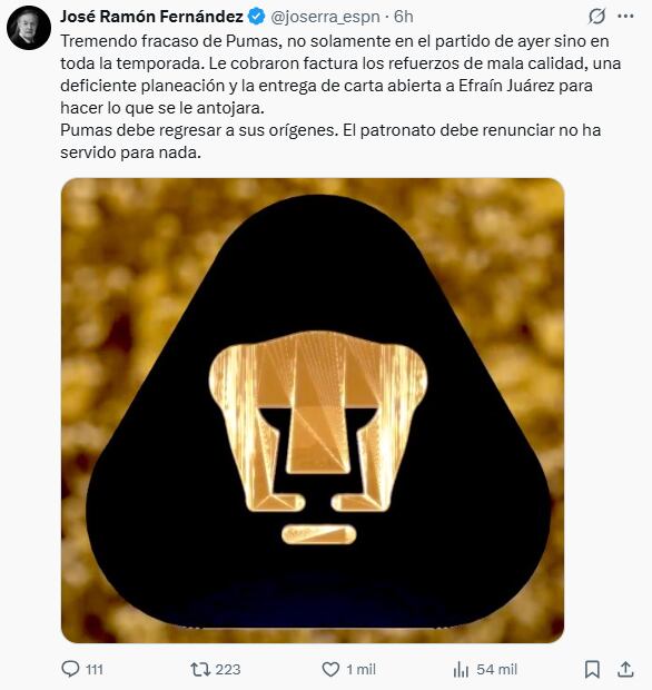 José Ramón Fernández arremetió contra Pumas. FOTO: Captura de pantalla