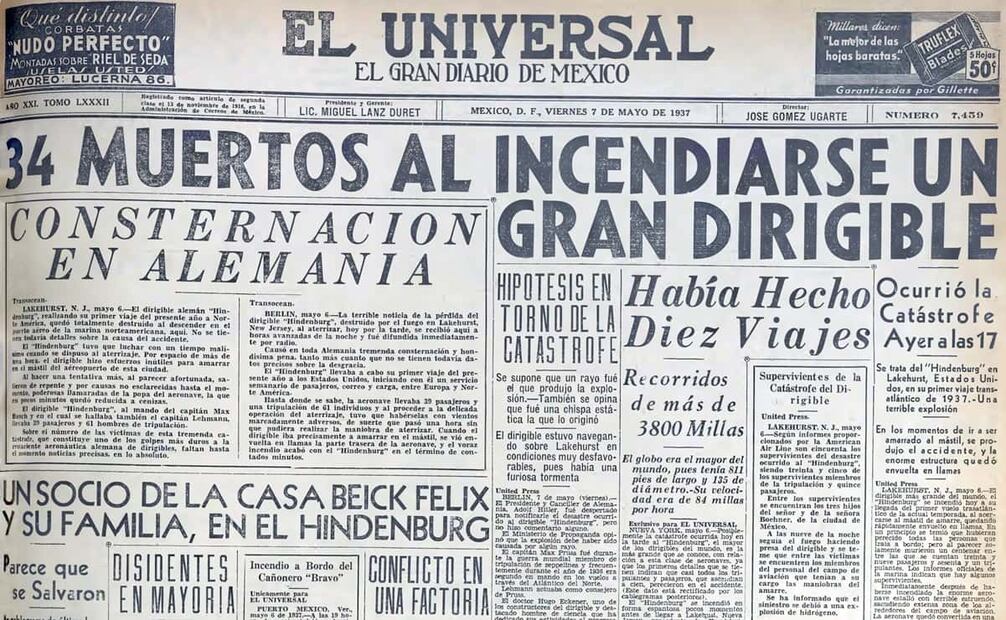 Primera plana del 7 de mayo de 1937 de EL UNIVERSAL, con la cobertura especial del estallido del dirigible Hindenburg. Al momento de la edición, se contabilizaron 34 víctimas fatales y se tuvieron las primeras reacciones de Alemania y Estados Unidos. Foto: Hemeroteca EL UNIVERSAL.
