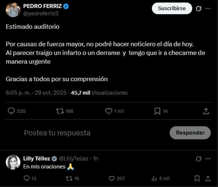 El periodista mexicano Pedro Ferriz Hijar sorprendió esta noche a sus seguidores en redes sociales con esta publicación. Foto: 'X'