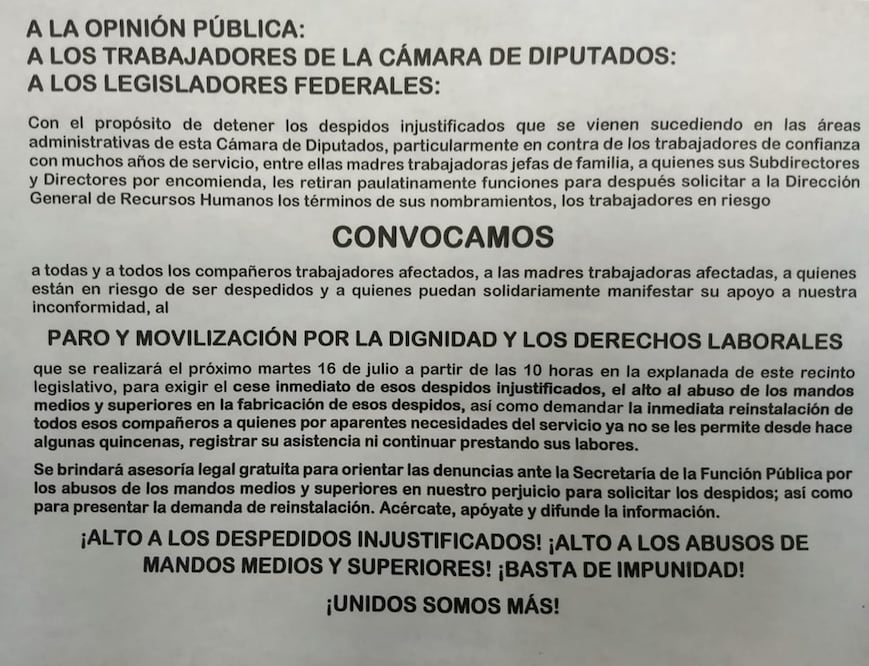 A través de un panfleto los trabajadores señalan despidos injustificados áreas administrativas del Palacio Legislativo de San Lázaro / Especial