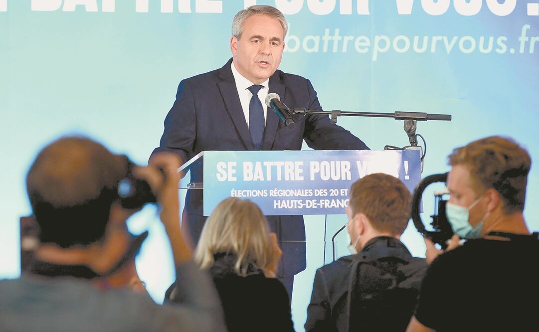 Xavier Bertrand, candidato a la región de Hauts-de- France, da un discurso tras las elecciones. Foto: Francois Lo Presti. AFP