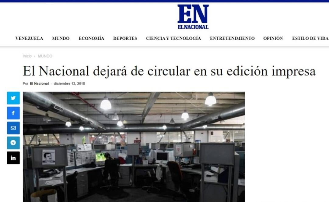 El Nacional, de Venezuela, anunció en 2018 que, por falta de papel y por líos financieros, dejó de circular en impresoFoto: Reproducción/José Meléndez/ EL UNIVERSAL.