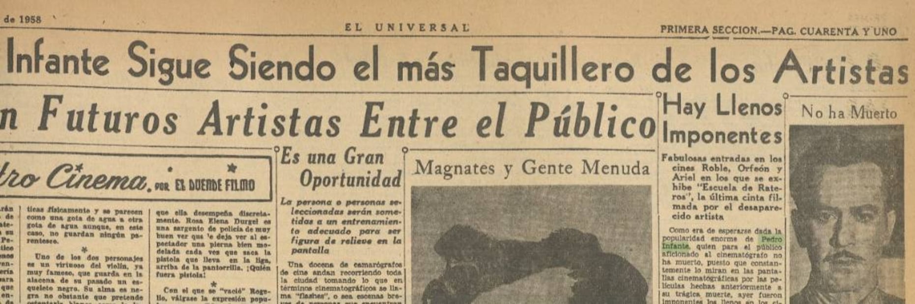 Llenos imponentes en cines para ver a Pedro Infante un año después de que muriera en un accidente aéreo.
Hemeroteca EL UNIVERSAL.