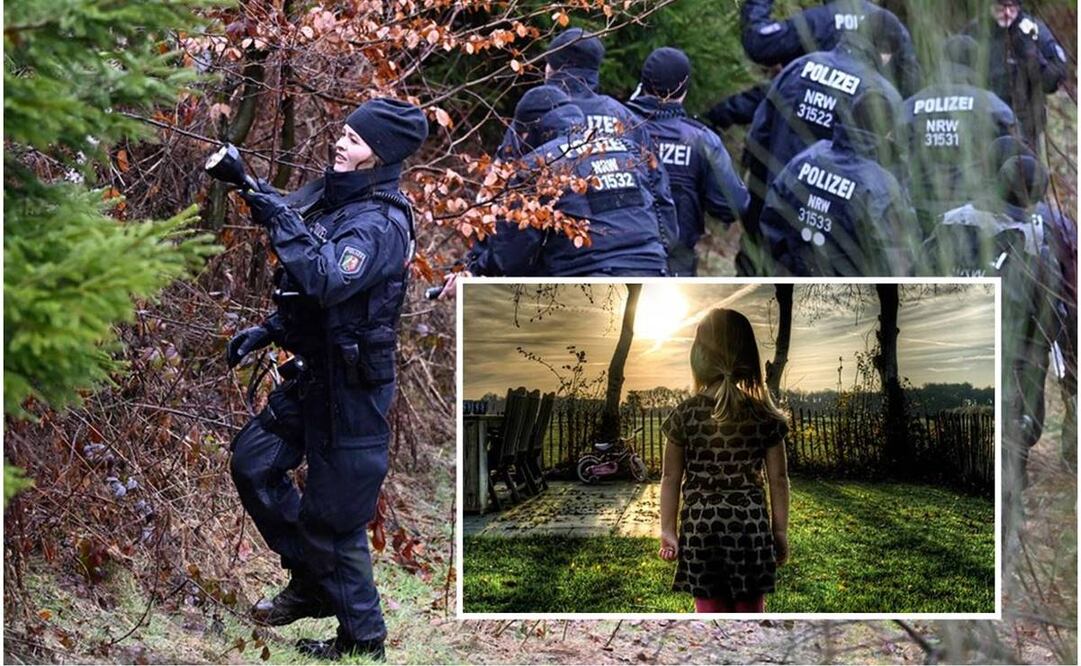 Policías en Freudenberg, Alemania occidental, al buscar evidencias en el sitio donde se encontró el cuerpo de la niña. Fotos: AFP y Pixabay