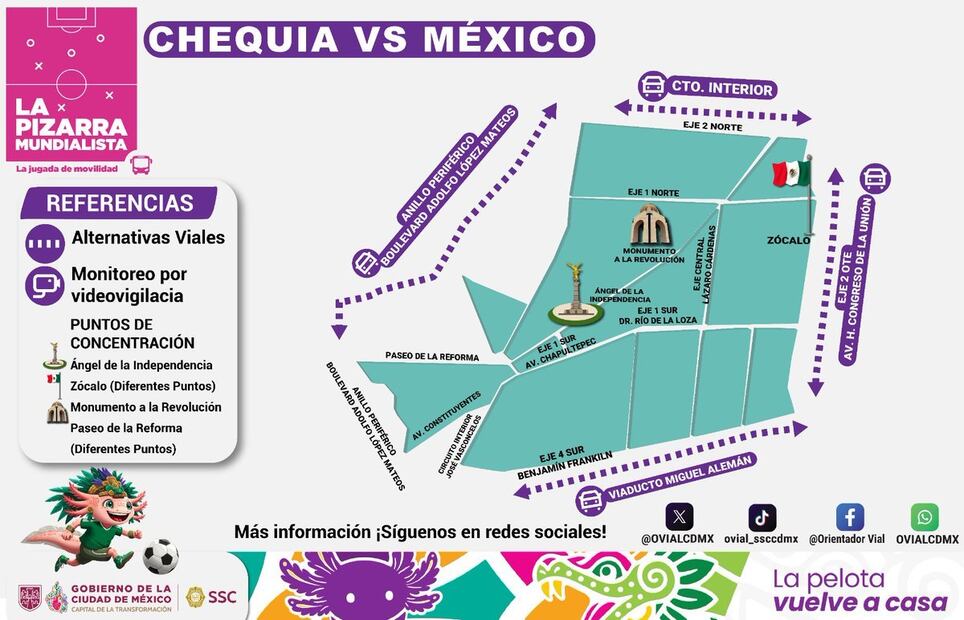Estas son las vialidades cerradas en Reforma por el partido México-Chequia. Foto: Especial