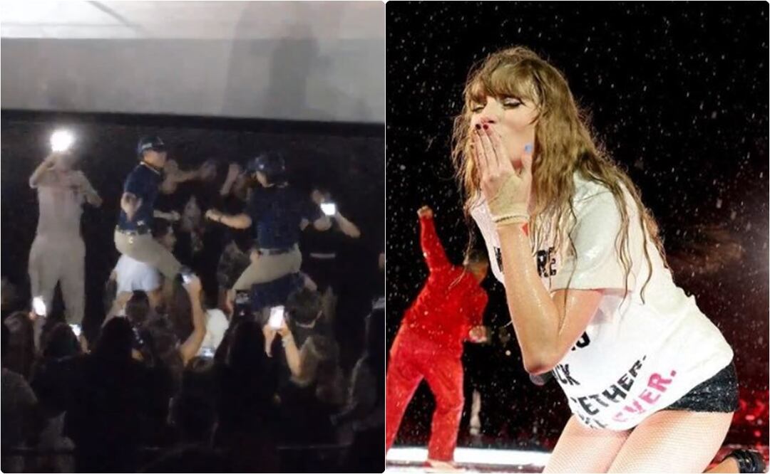 Empleados de Cinépolis en estreno de The Eras Tour de Taylor Swift. / Foto: Captura video de Twitter @folkloreannies e Instagram Taylor Swift.