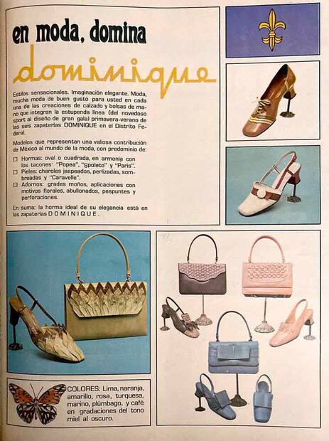 Desde amarillo y rosa hasta turquesa o plumbago (color de la bolsa y zapatos azulados), así era la variedad de productos de piel diseñados para combinar. Su publicidad no dudaba en hablar de los distintivos de cada modelo, como la horma o el acabado de la piel. Colección Villasana.