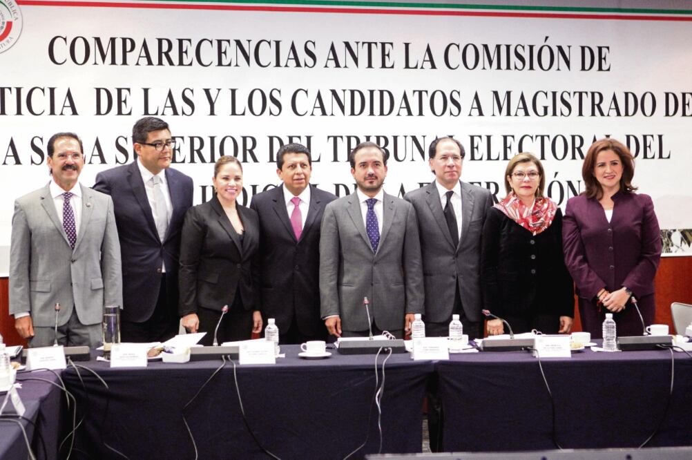 Reyes Rodríguez Mondragón (segundo de izq. a der.); Jorge Sánchez Morales (cuarto) y Alfredo Ríos Camarena (sexto) conforman la última terna de aspirantes al TEPJF que compareció ante el Senado (SENADO)