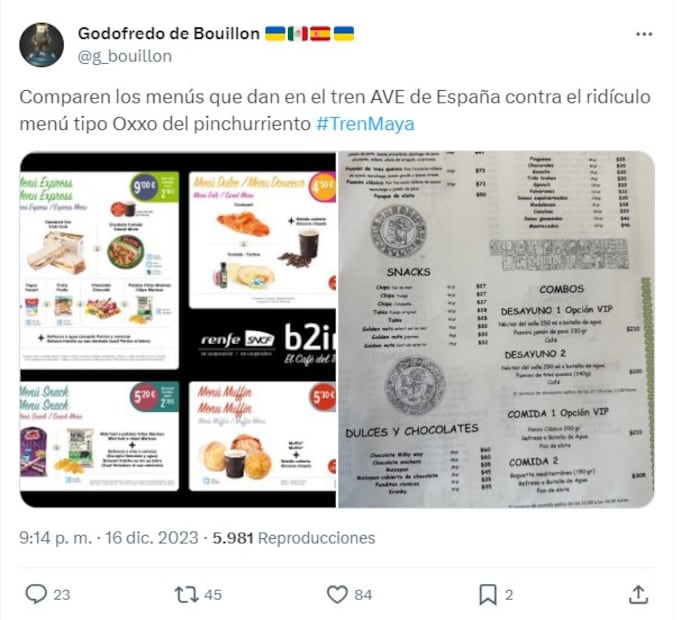 Menú Tren Maya. Foto: X