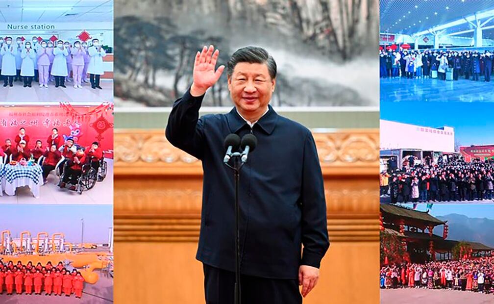 En la foto combinada se muestra a Xi Jinping extender sus saludos festivos a todo el pueblo chino cuando se dirige a los cuadros y personas de todo el país mediante vídeollamadas en vísperas de la Fiesta de la Primavera en Beijing, la capital de China, el 18 de enero de 2023. (Xinhua/Xie Huanchi, Li Tao)